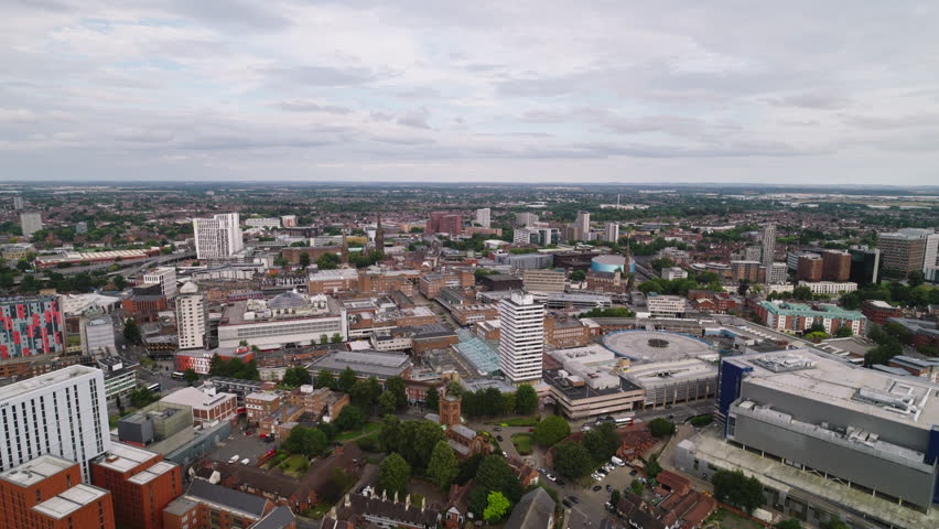 Aerial View Shot of Coventry UK, West Midlands, England, United Kingdom, overcast