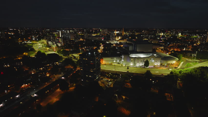 Aerial View Shot of Coventry at night, evening, crystal clear and crisp image, West Midlands, England, United Kingdom