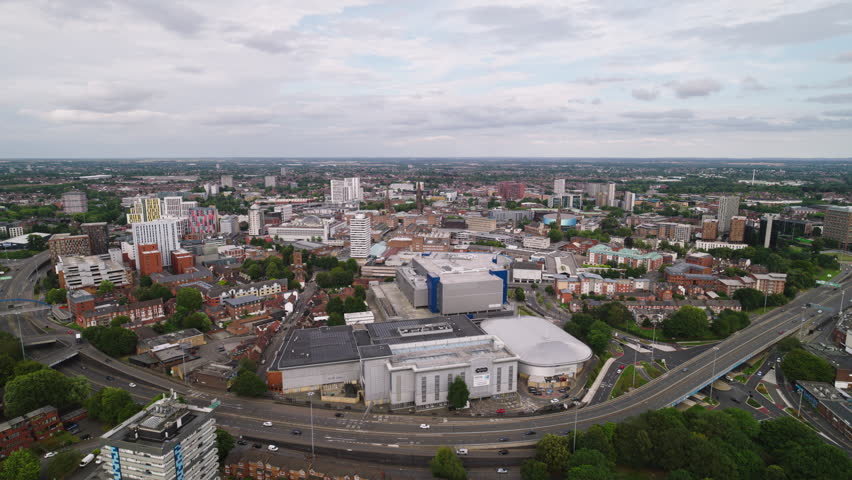 Aerial View Shot of Coventry UK, West Midlands, England, United Kingdom, overcast