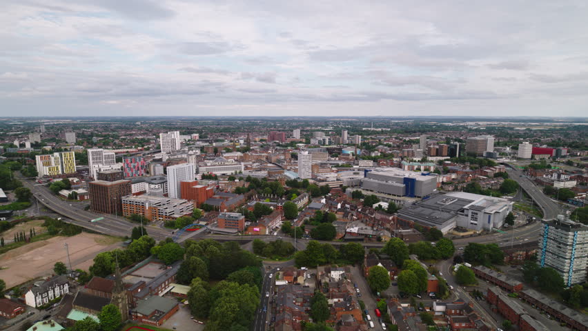 Aerial View Shot of Coventry UK, West Midlands, England, United Kingdom, overcast