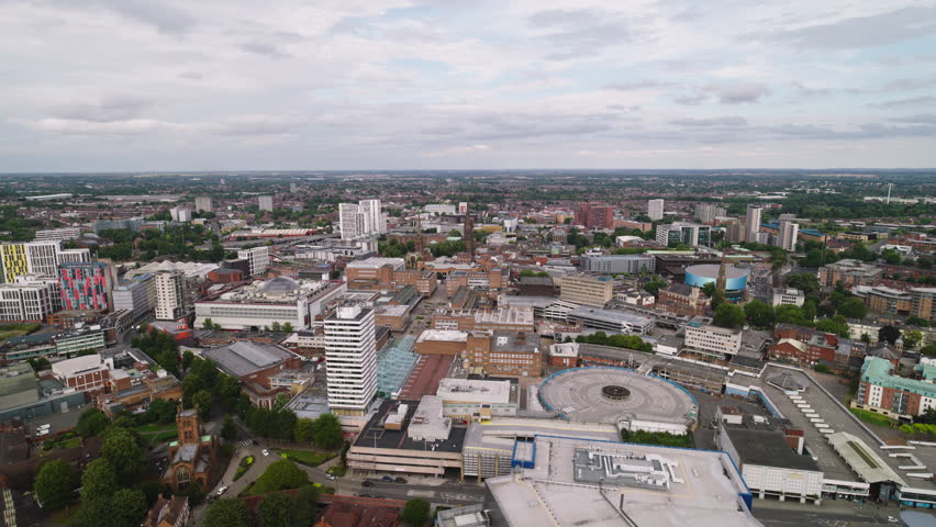 Aerial View Shot of Coventry UK, West Midlands, England, United Kingdom, overcast
