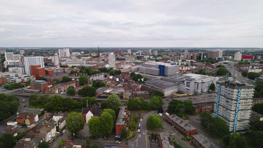 Aerial View Shot of Coventry UK, West Midlands, England, United Kingdom, overcast
