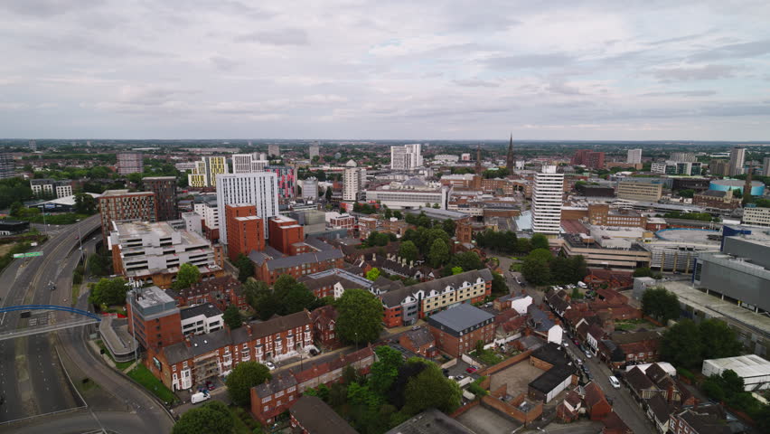Aerial View Shot of Coventry UK, West Midlands, England, United Kingdom, overcast