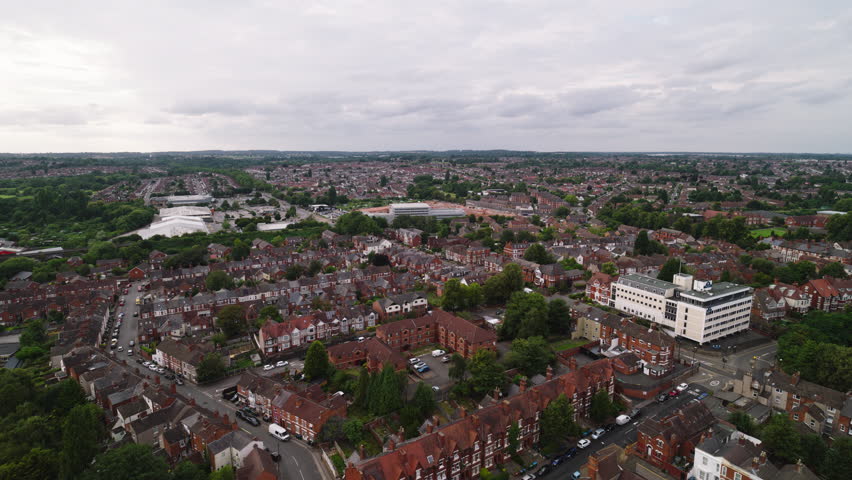 Aerial View Shot of Coventry UK, West Midlands, England, United Kingdom, overcast