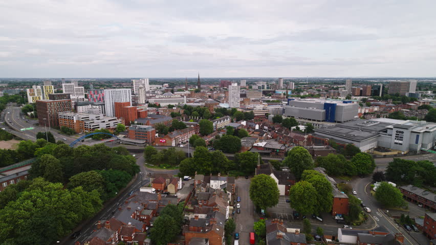 Aerial View Shot of Coventry UK, West Midlands, England, United Kingdom, overcast