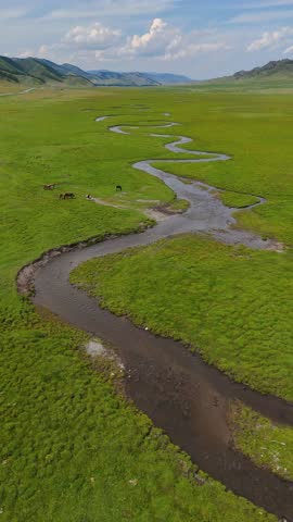 drone flight over a winding mountain river in autumn in Altai