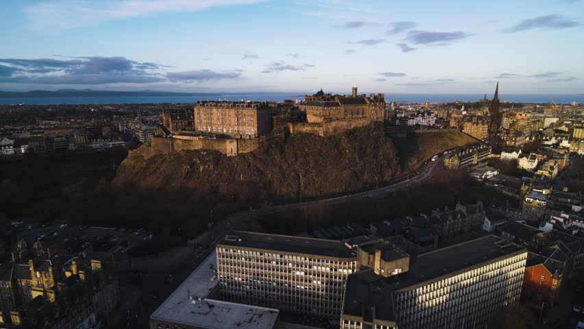 Aerial View Shot of Edinburgh UK, Scotland United Kingdom, sunny day, beautiful