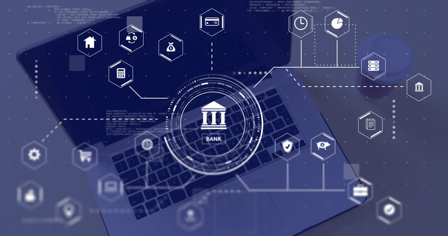 Animation of connections with business icons and data processing over laptop. Finances, business, communication, computing and digital interface concept digitally generated video.