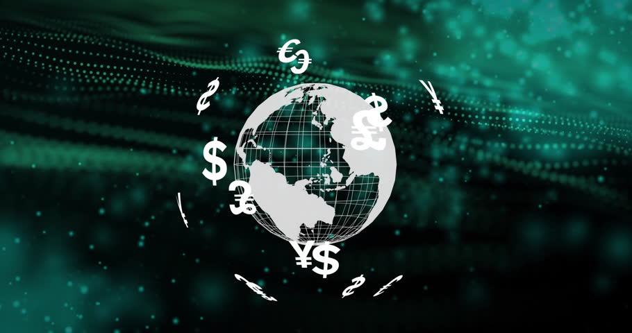 Animation of globe with currency symbols over light spots on black background. Finances, connections and digital interface concept digitally generated video.