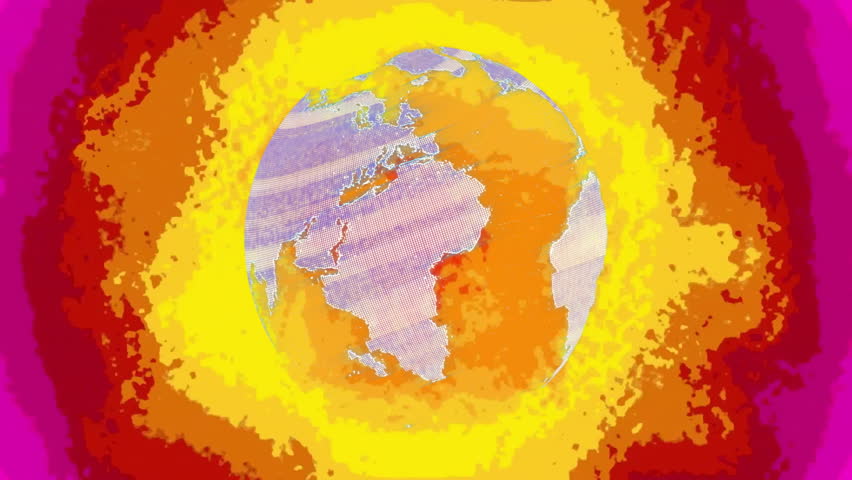 Animation of globe rotating over changing brightly coloured blurred rings. Psychedelic, retro, creativity, connection, network, digital interface and communication, digitally generated video.