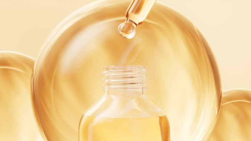 Golden cosmetics liquid dropper and bottle, 3d rendering. Motion graphic.