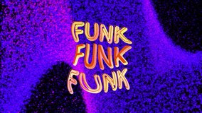 Animation of colourful funk text distorting over purple and blue particle wave on dark background. Retro, social network, connection, digital interface and communication, digitally generated video. - Powered by Shutterstock - Get 15% off with code: PIKWIZARD15