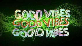Animation of colourful good vibes text distorting over glowing green network on dark background. Retro, social network, connection, digital interface and communication, digitally generated video. - Powered by Shutterstock - Get 15% off with code: PIKWIZARD15