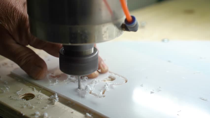 Milling machine. The milling machine operator cuts letters on plastic. A milling machine cuts letters out of a plastic sheet.