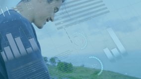 Animation of financial data processing over caucasian man using smartphone. Global finance, business, connections, computing and data processing concept digitally generated video. - Powered by Shutterstock - Get 15% off with code: PIKWIZARD15