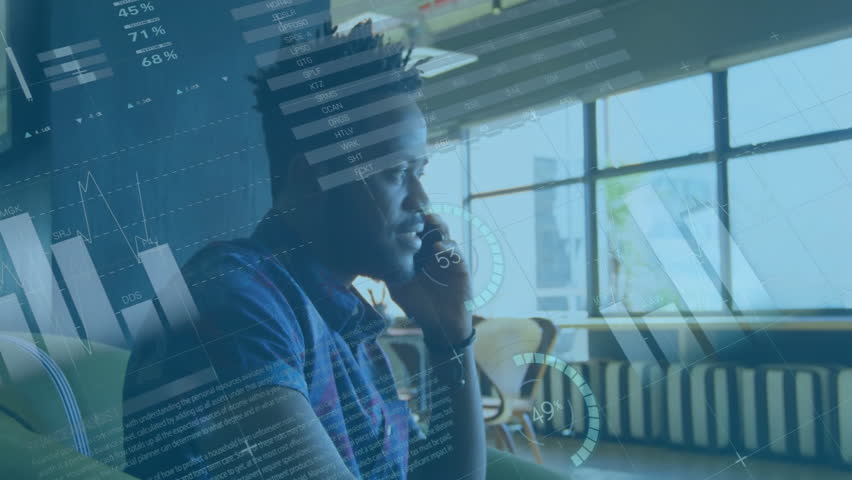 Animation of financial data processing over african american businessman using smartphone. Global finance, business, connections, computing and data processing concept digitally generated video. - Powered by Shutterstock - Get 15% off with code: PIKWIZARD15