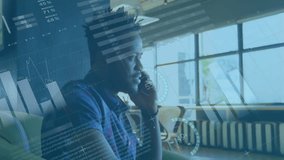 Animation of financial data processing over african american businessman using smartphone. Global finance, business, connections, computing and data processing concept digitally generated video. - Powered by Shutterstock - Get 15% off with code: PIKWIZARD15