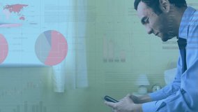Animation of financial data processing over biracial businessman using smartphone. Global finance, business, connections, computing and data processing concept digitally generated video. - Powered by Shutterstock - Get 15% off with code: PIKWIZARD15