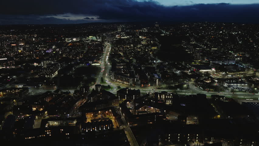 Aerial View Shot of Sheffield at night, evening, dusk, dawn, blue hour, crystal clear and crisp image, South Yorkshire, England, United Kingdom 
