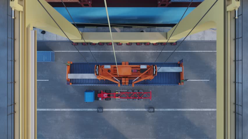 Container loading into vessels cargo hold in Container terminal at international sea port, View from cabin of terminal crane, Automated transport vehicles