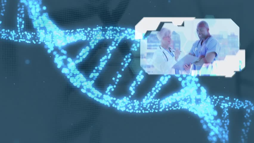 Montage of doctors and nurse at work on shimmering blue DNA background | Shutterstock HD Video #3615113
