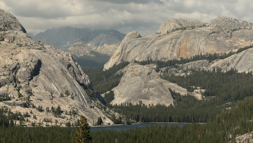 Olmsted point in Yosemite Park. View of lake and bedrock mountains. California, USA.