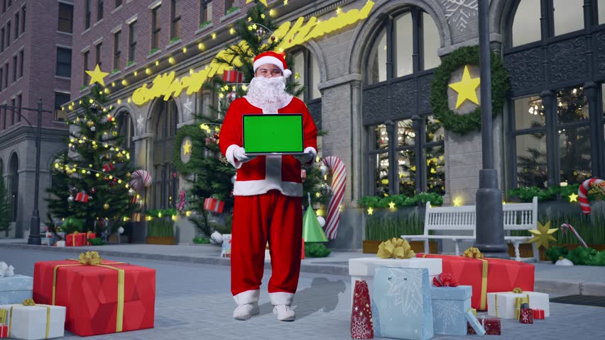 Full Body Of Asian Santa Claus Showing Green Screen Laptop While Standing In Christmas Night - Powered by Shutterstock - Get 15% off with code: PIKWIZARD15