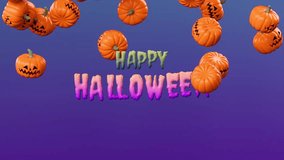 Funny Happy Halloween animation video with pumpkins falling and filling the screen on a blue gradient background with bold text - Powered by Shutterstock - Get 15% off with code: PIKWIZARD15