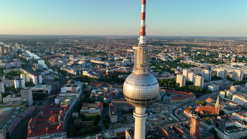 Aerial video architectural landmarks TV Tower, Alexanderplatz. Berlin, Germany