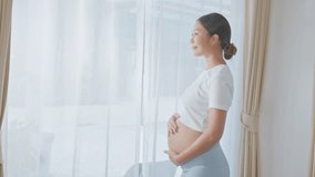 radiant Asian pregnant woman stands near a window draped with sheer curtains, gently cradling her belly while looking out with a content smile. - Powered by Shutterstock - Get 15% off with code: PIKWIZARD15