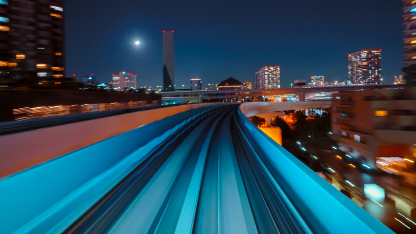 Hyperlapse timelapse of automated train in Tokyo, Japan futuristic transportation technology concept