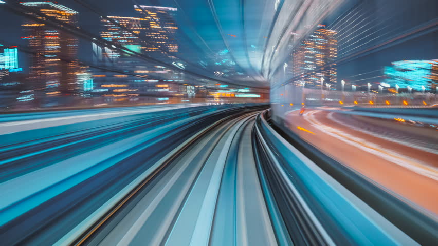 Hyperlapse timelapse of automated train in Tokyo, Japan futuristic transportation technology concept