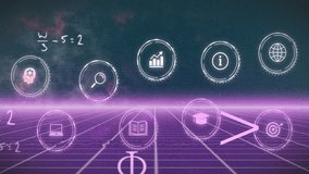 Animation of business icons and mathematical equations over neon lines on black background. Global business, computing and digital interface concept digitally generated video. - Powered by Shutterstock - Get 15% off with code: PIKWIZARD15