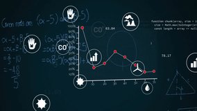 Animation of ecology icons with mathematical equations and data processing on black background. Global ecology, computing and digital interface concept digitally generated video. - Powered by Shutterstock - Get 15% off with code: PIKWIZARD15