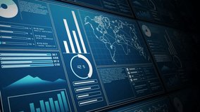 High-tech dashboard showcasing global network data, charts, and analytics with bar graphs and pie charts. Blue interface connectivity and digital data management, perfect for tech and business. - Powered by Shutterstock - Get 15% off with code: PIKWIZARD15