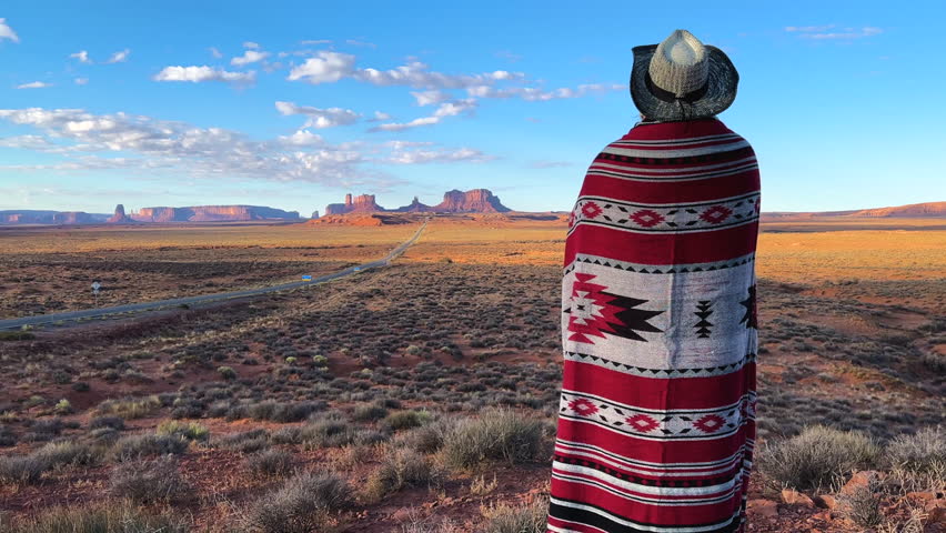 Female Navajo traditional blanket and hat Tribal Park Navajo desert Buttes Landscape Extreme environment Monument Valley Arizona