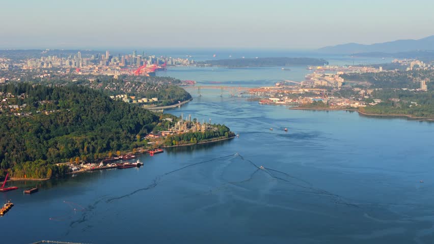 Aerial view of the city of Vancouver, skyscrapers, nature and Vancouver harbour