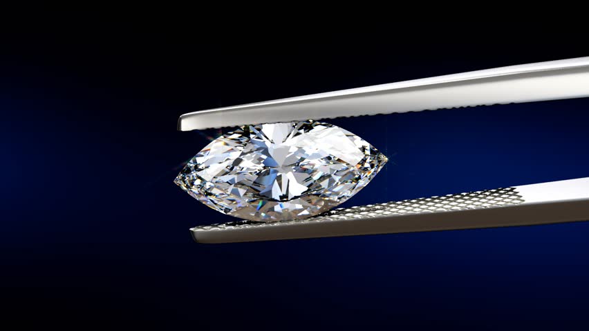 Marquise cut diamond swaying slightly in tweezers on black and dark blue background. Seamless loop 3D animation