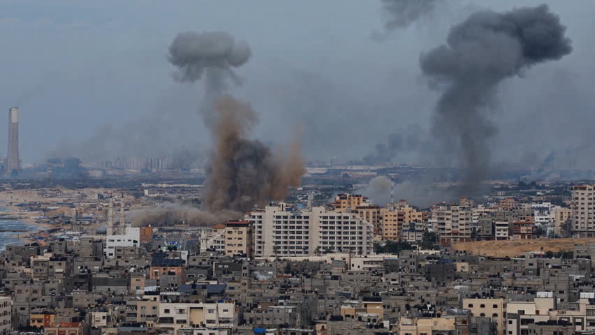 Lebanon, Beirut. A Panoramic View of the City as Smoke Rises from Multiple Areas Following an Israeli Airstrike. The Aftermath of Conflict Unfolds Over the Urban Landscape.
