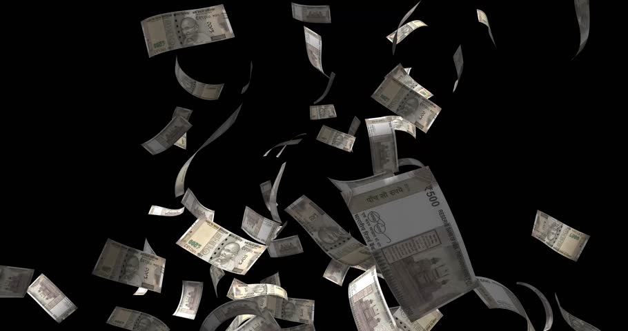 Single 500 indian rupee banknote falling 4k animation footage