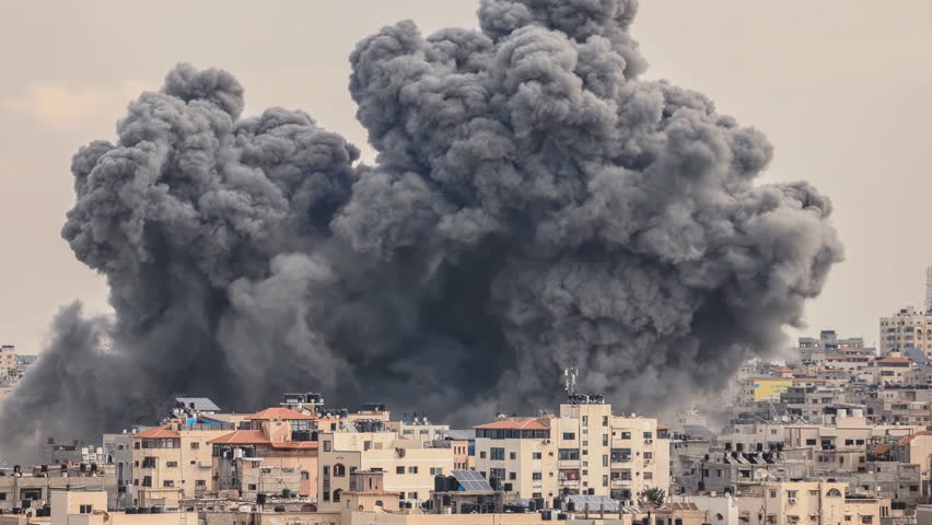 Lebanon, Beirut. A Panoramic View of the City as Smoke Rises from Multiple Areas Following an Israeli Airstrike. The Aftermath of Conflict Unfolds Over the Urban Landscape.