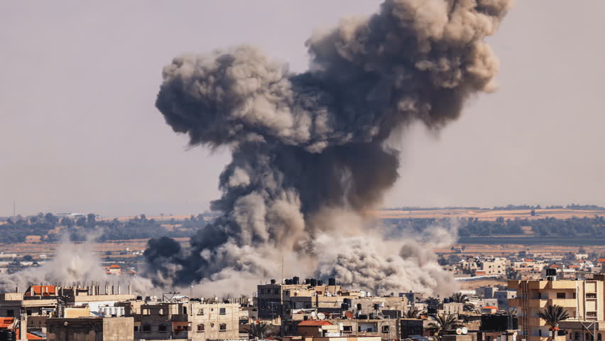 Lebanon, Beirut. A Panoramic View of the City as Smoke Rises from Multiple Areas Following an Israeli Airstrike. The Aftermath of Conflict Unfolds Over the Urban Landscape.