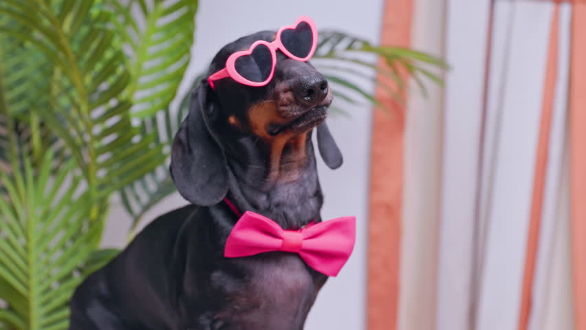 Stylish dachshund dog in bow tie, sunglasses with hearts, posing, ad fashionable clothes, cutely taking off glasses with paw, licking himself funny Photo session of pet Grooming, fashion accessories