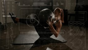 Animation of charts processing data over fit caucasian woman working out at gym with exercise ball. Connection, fitness, training, digital interface and communication, digitally generated video. - Powered by Shutterstock - Get 15% off with code: PIKWIZARD15