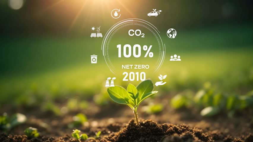 Digital dashboard of CO2 level gauge percentage drop down to 0. Net Zero Emissions by 2050 policy animation concept,Net zero emission ,2050, carbon neutral concept.CO2 reduce.Net zero greenhouse gas.4