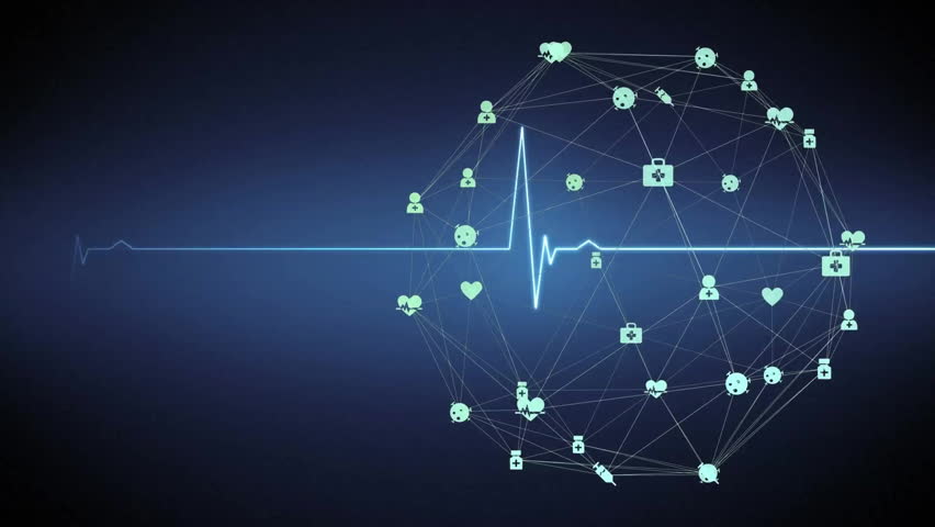 Animation of network of connections with medical icons and cardiograph on black background. Global connections, computing and digital interface concept digitally generated video.