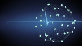 Animation of network of connections with medical icons and cardiograph on black background. Global connections, computing and digital interface concept digitally generated video. - Powered by Shutterstock - Get 15% off with code: PIKWIZARD15