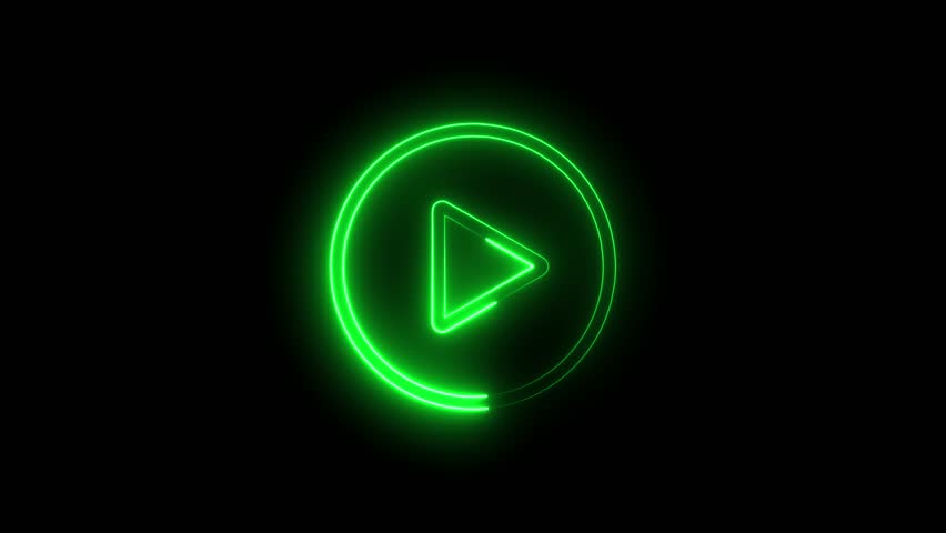 Video, audio neon play button icon animation. glowing play button animation. Press to play. On black background.	