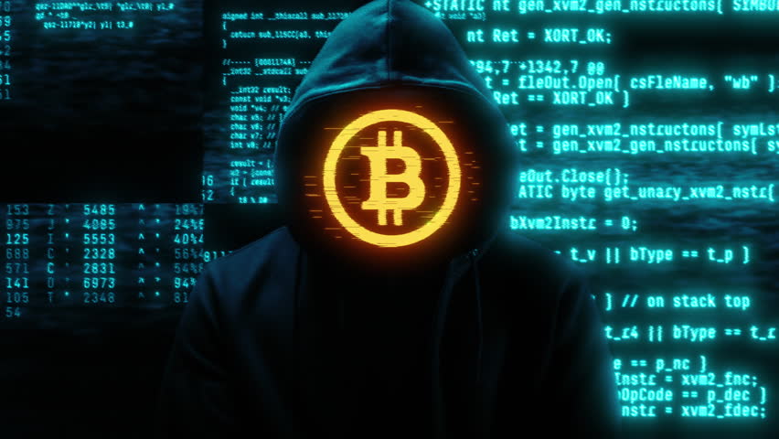 Anonymous hacker with hoodie and glitch bitcoin on face. Computer abstract digital code at the background. Dark web or darknet fraud. Cryptocurrency bitcoin mixer and p2p money concept