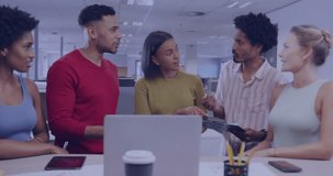 Animation of financial data processing over diverse colleagues having meeting in office. Global business, finances, computing and digital interface concept digitally generated video. - Powered by Shutterstock - Get 15% off with code: PIKWIZARD15